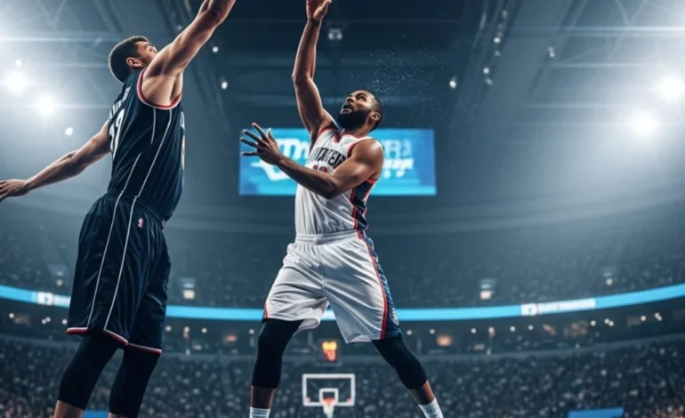 Professional basketball player hitting a game-winning fadeaway shot in a packed arena during a playoff game.