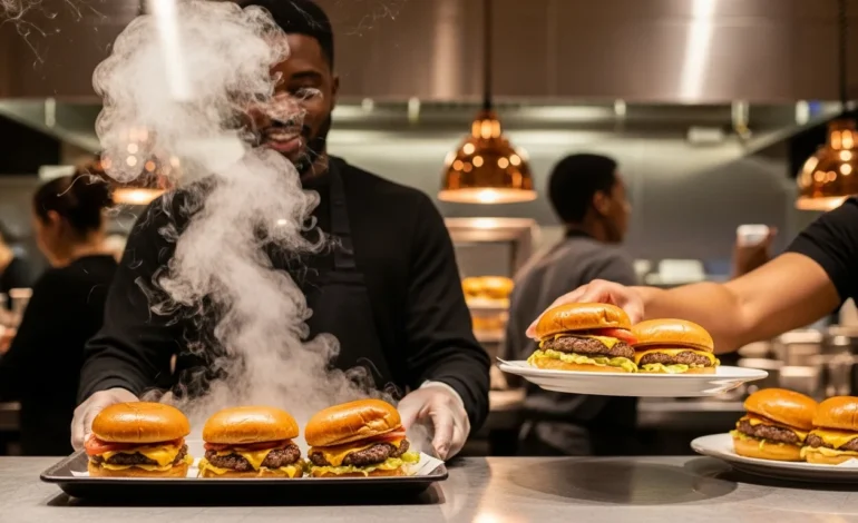 national hamburger day celebrated across the united states with major promotions National Hamburger Day Celebrated Across the United States with Major Promotions at a busy city fast-food restaurant.