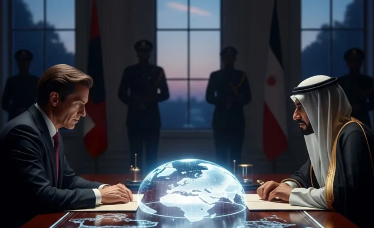 Diplomatic summit between Western and Iranian leaders at a polished table with dramatic cinematic lighting.