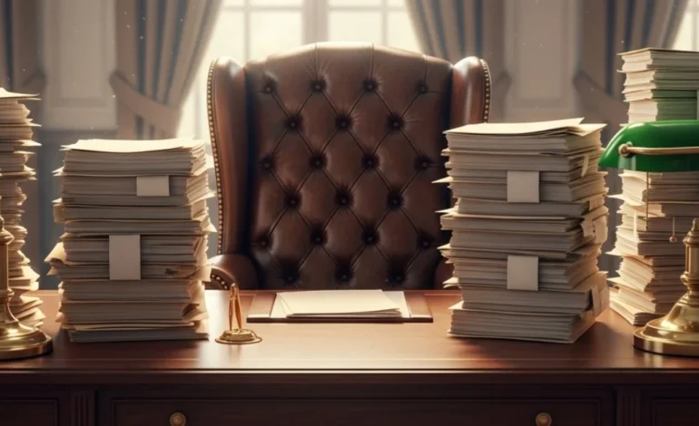Empty presidential chair and desk with four large stacks of files in a cinematic, sunlit executive office.