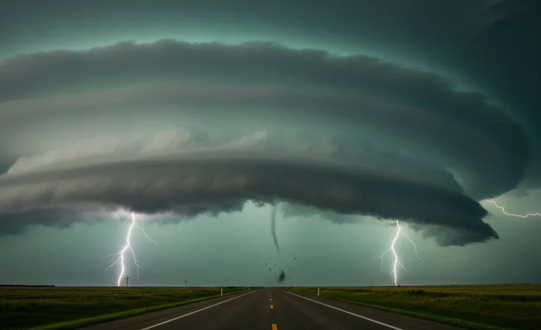 Severe storms and tornado threats persist across Texas and Central U.S. as a massive supercell looms over a highway.
