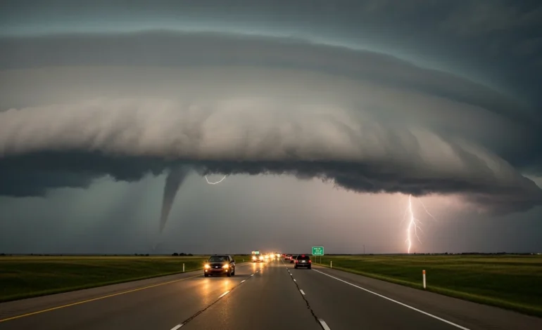 Severe Weather and Tornadoes Threaten Central U.S. Over Memorial Day Weekend as dark storm clouds loom over a highway.