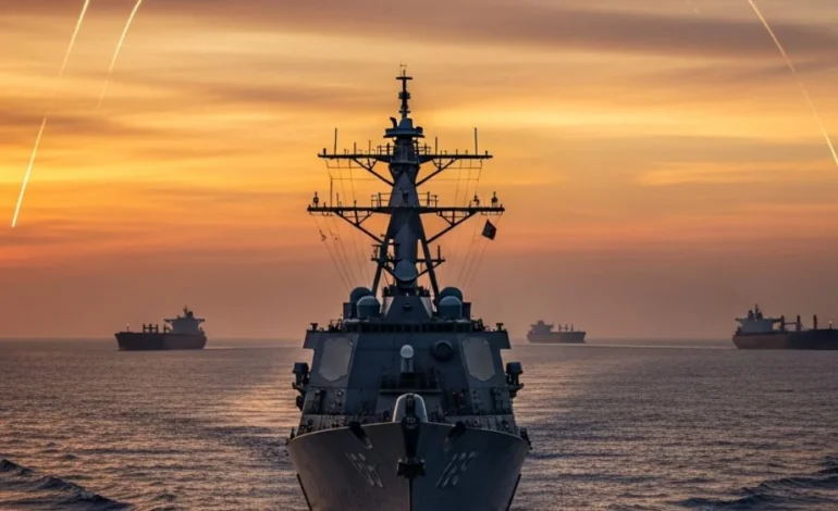 US Navy destroyer patrolling the Strait of Hormuz at sunset with commercial oil tankers on the horizon.