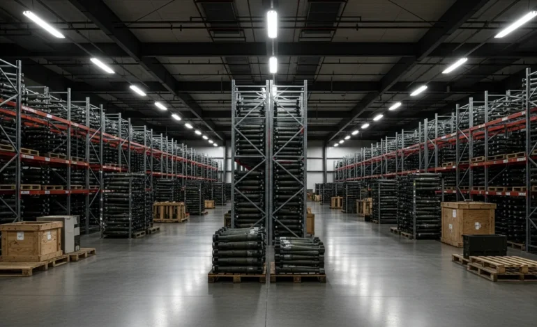 A vast warehouse showing that U.S. Weapons Stockpiles May Take Years to Recover Following Recent Conflicts.