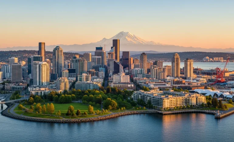 what area code is 253 in washington Aerial view of Mount Rainier and Tacoma, representing what area code is 253 in washington.
