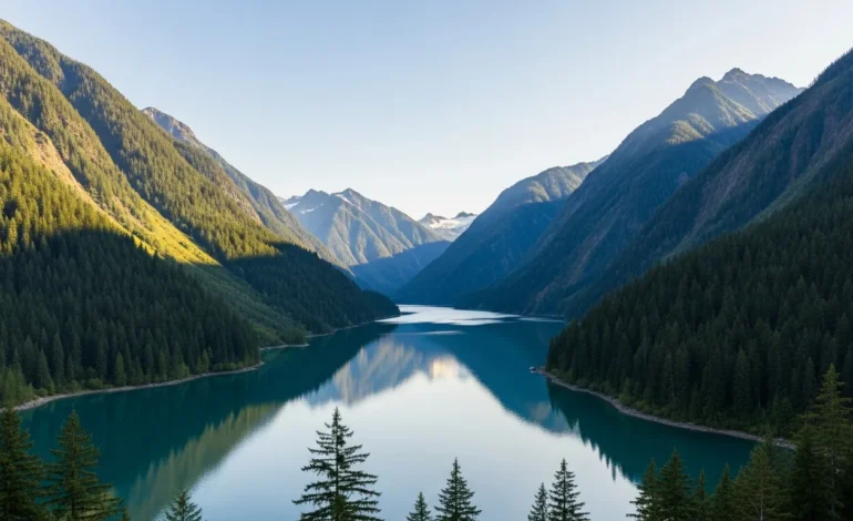 A scenic aerial view of the turquoise waters of Ruby Arm, Washington, surrounded by the North Cascades mountains.