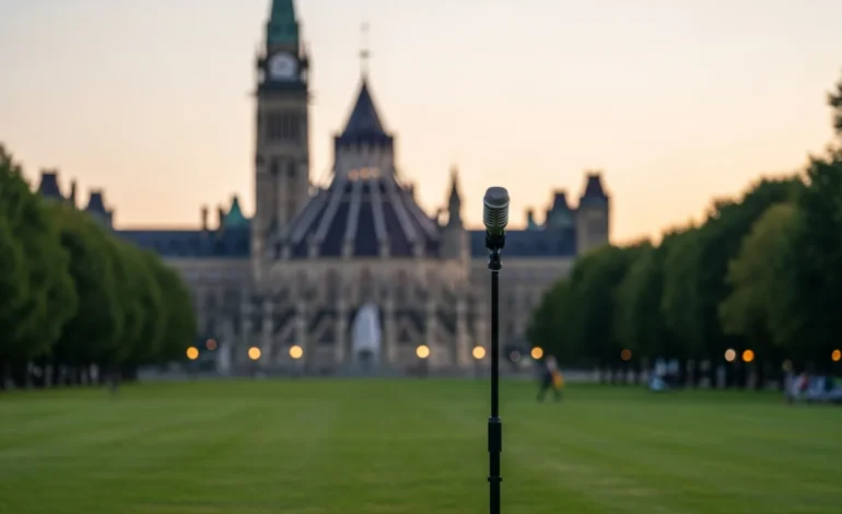An editorial image exploring why did justin trudeau resign featuring the Canadian Parliament buildings at sunset.