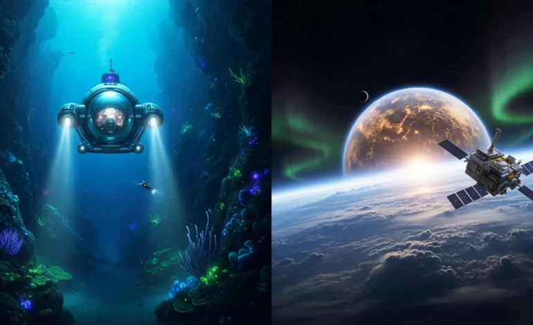 Side-by-side comparison of a deep-sea submersible and a space probe, exploring why did nasa stop exploring the ocean.