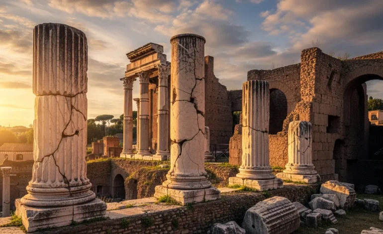 Cinematic ruins of the Roman Forum illustrating why did rome fall with crumbling marble columns at sunset.