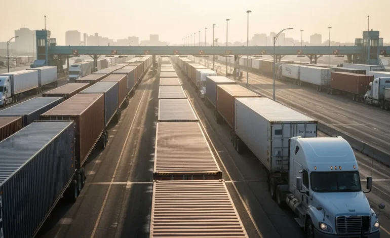 why is trump putting tariffs on canada A conceptual editorial image exploring why is trump putting tariffs on canada at a busy commercial border crossing.