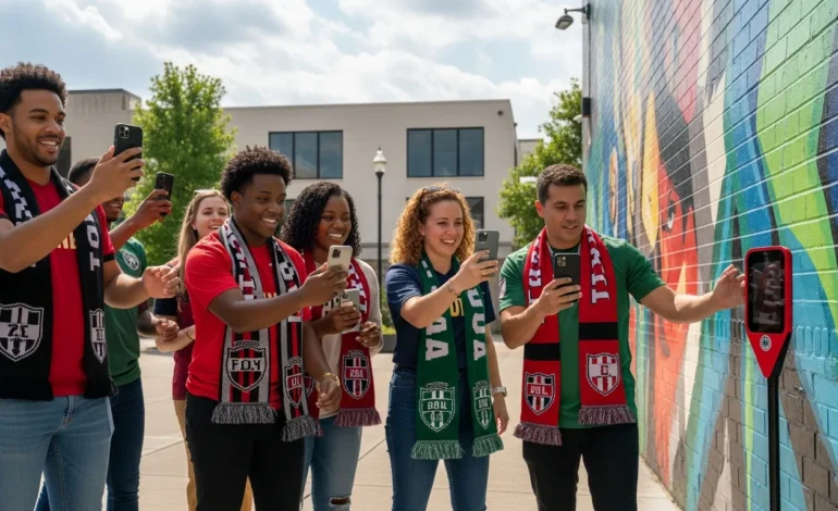 atlanta launches capture the flag digital experience for world cup fans Atlanta Launches 'Capture the Flag' Digital Experience for World Cup Fans using smartphones in a vibrant city square.