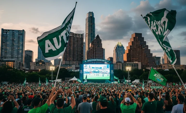 Austin FC 'Soccer Celebration' Kicks Off at Auditorium Shores for World Cup Opening with thousands of fans in green.