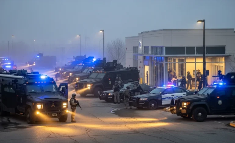 Police perimeter at the Bakersfield Bank Hostage Standoff Enters Second Day Without Resolution as negotiators wait.