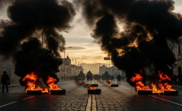 bolivian president declares 90 day state of emergency amid violent protests Bolivian President Declares 90-Day State of Emergency Amid Violent Protests in smoke-filled city streets.