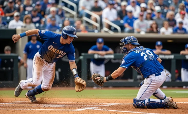 College World Series Continues in Omaha with High-Stakes Doubleheader during a dramatic play at home plate.