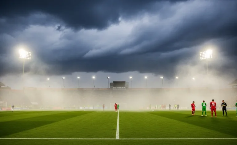 ecuador and cura ao meet in kansas city for world cup group e match Soccer players on a wet pitch as Ecuador and Curaçao Meet in Kansas City for World Cup Group E Match under dark clouds.