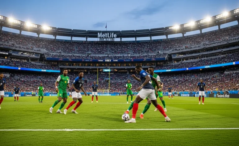 fifa world cup 2026 france faces senegal in group stage clash at metlife stadium FIFA World Cup 2026: France Faces Senegal in Group Stage Clash at MetLife Stadium under bright evening lights.