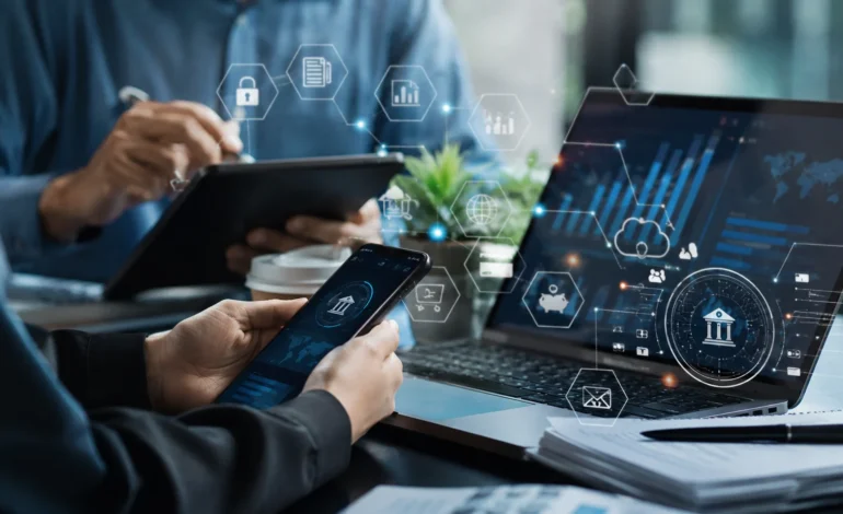 Hyper-realistic fintech workspace featuring professionals using smartphones, tablets, and laptops with glowing digital banking, analytics, cloud, and security icons overlaid on modern financial technology dashboards.