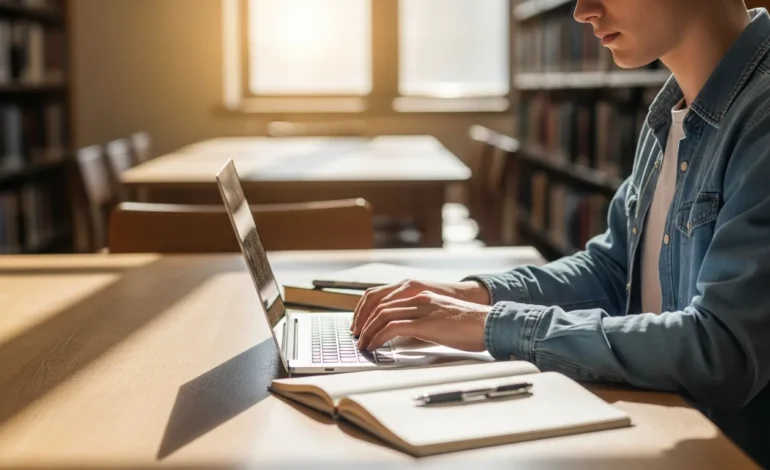 A student researching how to apply for federal Pell Grants for the 2026-2027 academic year on a laptop.