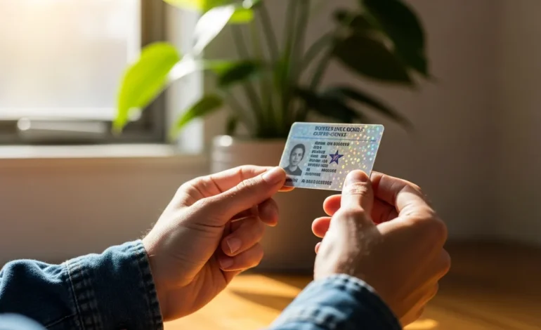 how to check if your driver s license is real id compliant for 2026 flights A person inspecting a driver's license for a REAL ID compliant star symbol ahead of 2026 flight requirements.