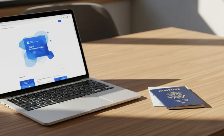how to use the official us online passport renewal portal in 2026 A person using the official US online passport renewal portal on a laptop next to a blue American passport.