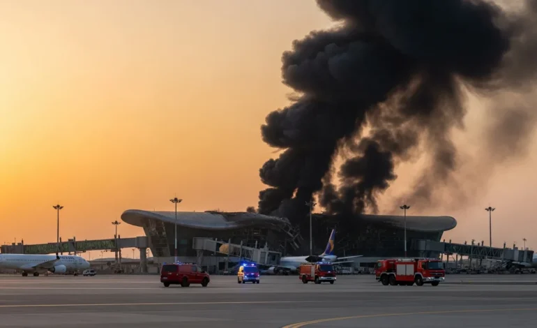 Iran-US Conflict Escalates as Drone Strike Hits Kuwait International Airport; smoke rises over the terminal tarmac.