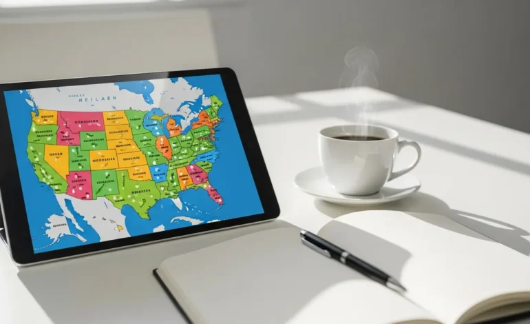 A digital tablet showing data for July 1 2026 minimum wage increases in various U.S. states and cities.