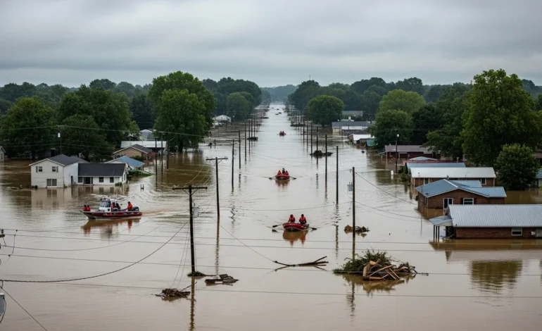 Aerial view of submerged homes after Kentucky Governor Declares State of Emergency Amid Record Flooding.
