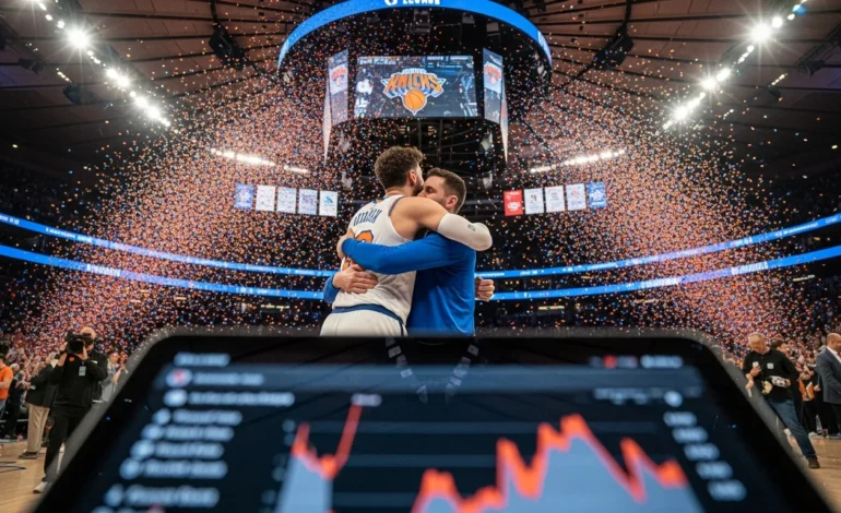 New York Knicks Celebrate First NBA Championship in 53 Years amidst a rain of orange and blue confetti.