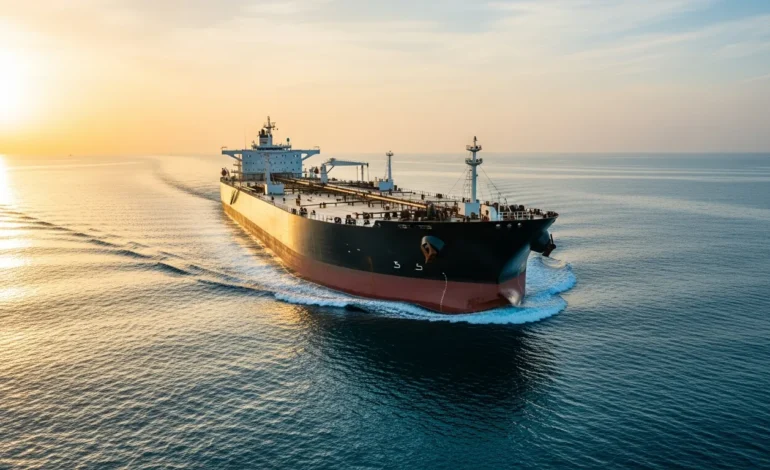 Oil Prices Drop Amid Optimism Over US-Iran Peace Talks as a large crude tanker navigates the Strait of Hormuz.