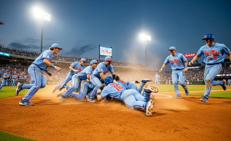 ole miss baseball reaches omaha with super regional victory over auburn Ole Miss Baseball Reaches Omaha with Super Regional Victory Over Auburn during a jubilant post-game celebration.