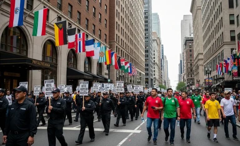 philadelphia hotel workers launch strike during world cup tourist surge Philadelphia Hotel Workers Launch Strike During World Cup Tourist Surge outside a downtown Sheraton hotel.