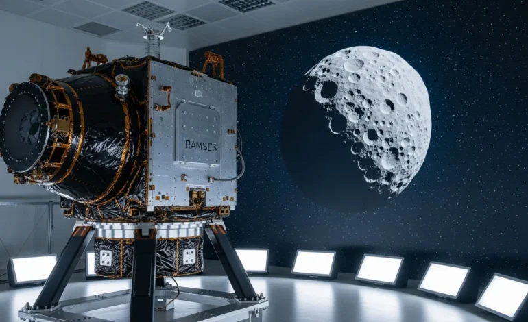 ramses mission workshop convenes to study asteroid apophis defense RAMSES Mission Workshop Convenes to Study Asteroid Apophis Defense around a high-tech satellite prototype.