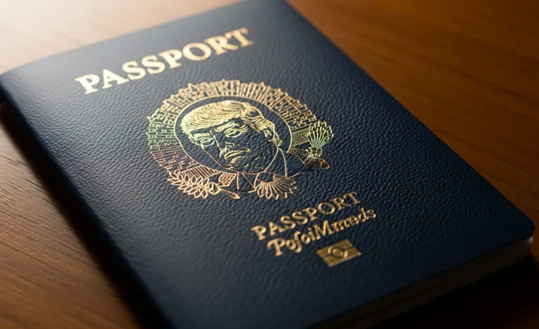 Trump Unveils New U.S. Passport Design Featuring His Own Image on a navy blue leather cover with gold foil accents.
