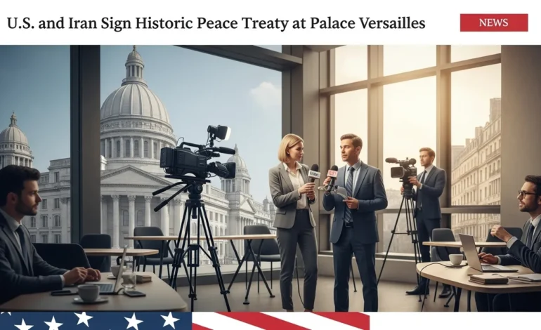 u s and iran sign historic peace treaty at palace of versailles U.S. and Iran Sign Historic Peace Treaty at Palace of Versailles during a formal ceremony in the Hall of Mirrors.