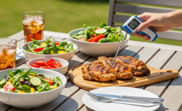 A backyard picnic spread illustrating the usda summer 2026 food safety guidelines with safe food handling.
