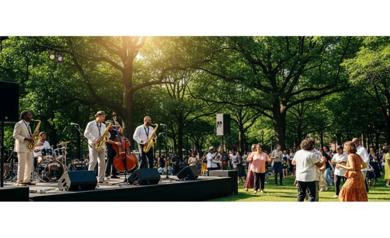 Musicians perform as the West Harlem Summer Jazz Festival Kicks Off at Jackie Robinson Park for a cheering crowd.