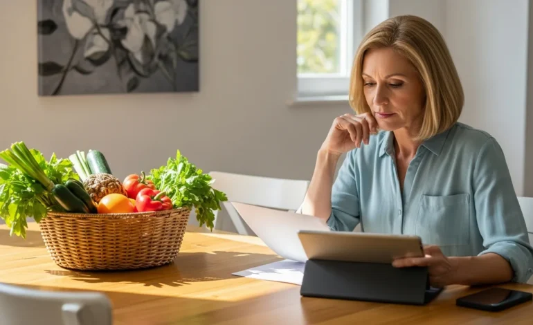 A person reviews 2026 income eligibility limits for SNAP benefits on a digital tablet in a bright kitchen.