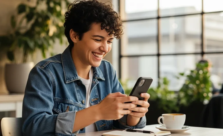 A person smiling at their smartphone while discovering what does jp mean in texting in a casual chat.