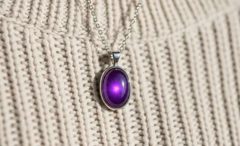 what does purple mean on a mood necklace A close-up of a person wearing a vibrant violet pendant to show what does purple mean on a mood necklace.