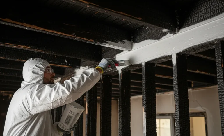what does sealing mean in a fire restoration Technician sealing soot-stained walls to show what does sealing mean in a fire restoration process.