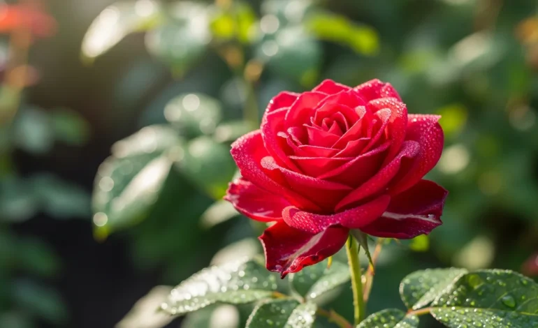 what is the american national flower A blooming red rose in a sunlit garden, illustrating what is the american national flower.