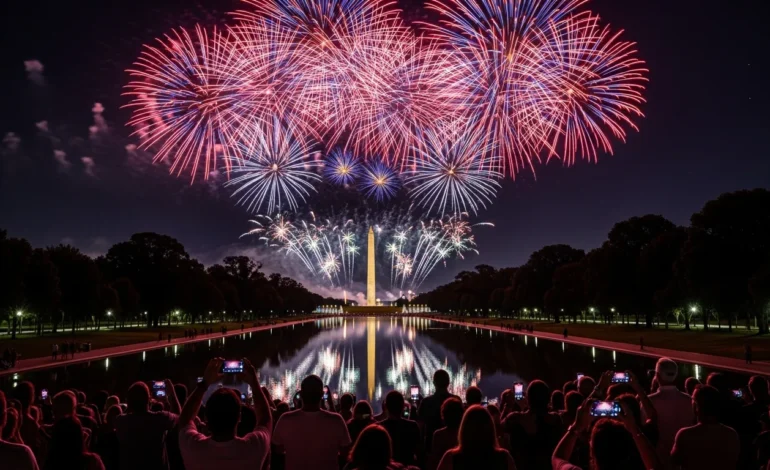 Colorful fireworks over the National Mall for the best July 4th 2026 fireworks for the US 250th anniversary.