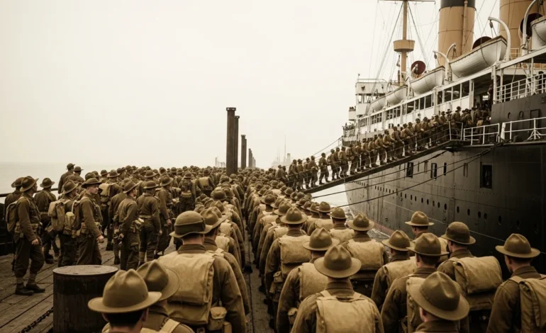 why did the us join ww1 Vintage photograph of American soldiers boarding a ship, explaining why did the us join ww1 in 1917.