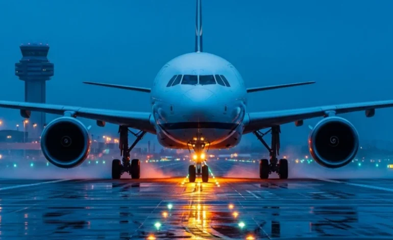 Commercial jet on a wet runway at LAX during a technical diversion, cinematic lighting.