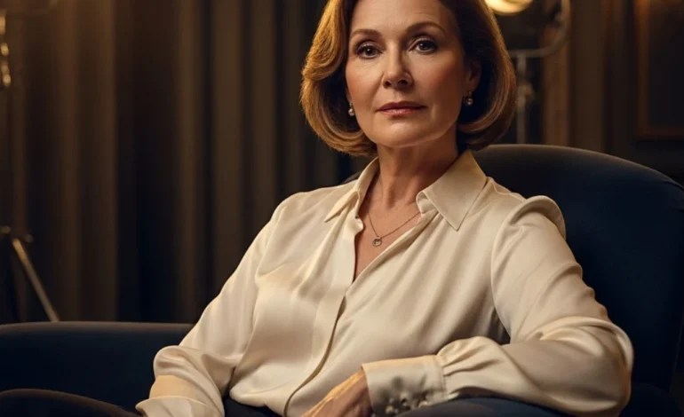 A cinematic editorial portrait of actress Susan Wheeler Duff in a classic theater setting.
