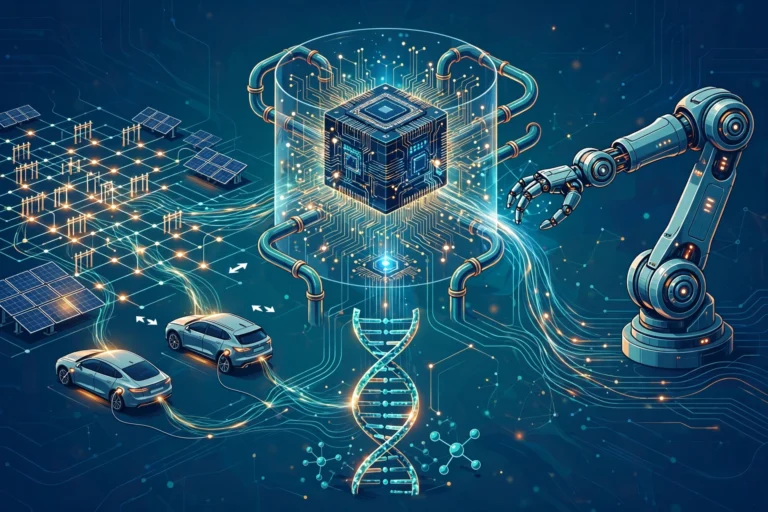 Illustration of advanced technologies in 2026: smart energy grid, electric vehicles, quantum computing chip, DNA helix and robotics