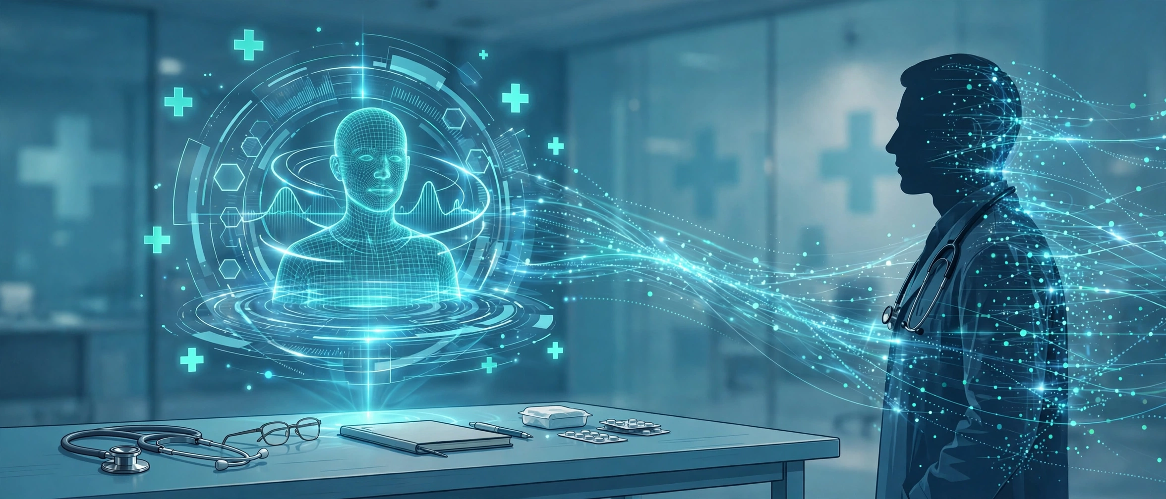 Illustration of an AI medical consultant as a holographic interface beside a doctor with a stethoscope
