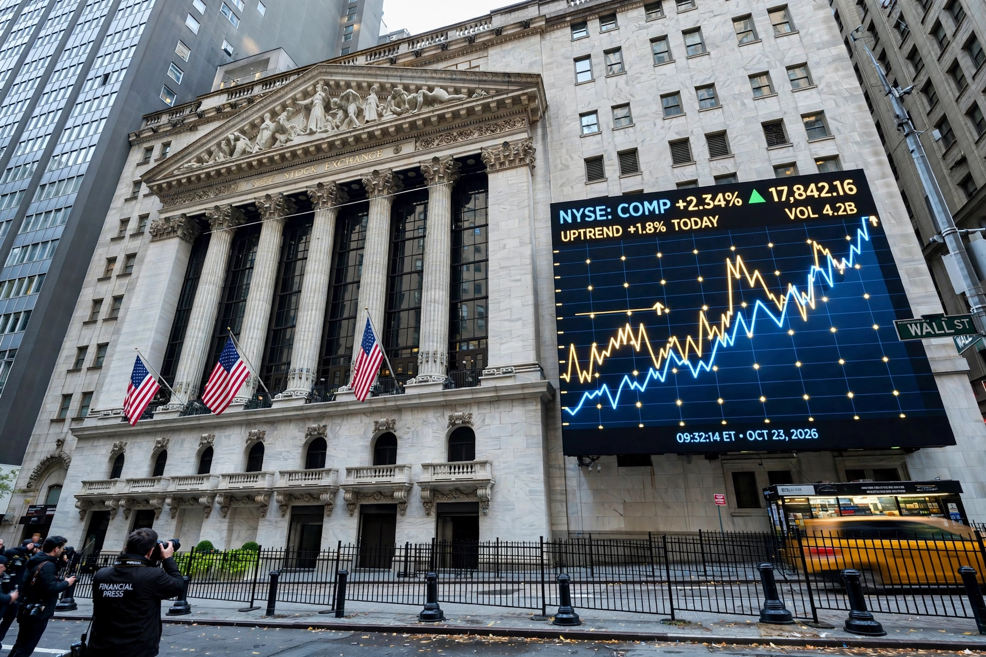 New York Stock Exchange facade with a digital stock-chart billboard on Wall Street