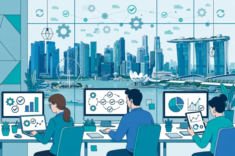 Illustration of a Singapore office using business automation software, with workflow dashboards and a city skyline